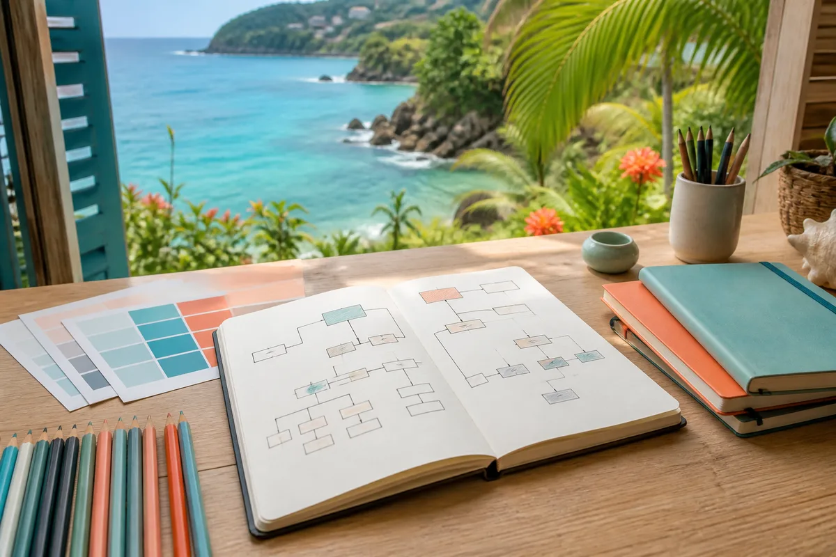 Vue d&rsquo;un carnet de croquis d&rsquo;arborescence de site posé sur une table en bois face au littoral martiniquais