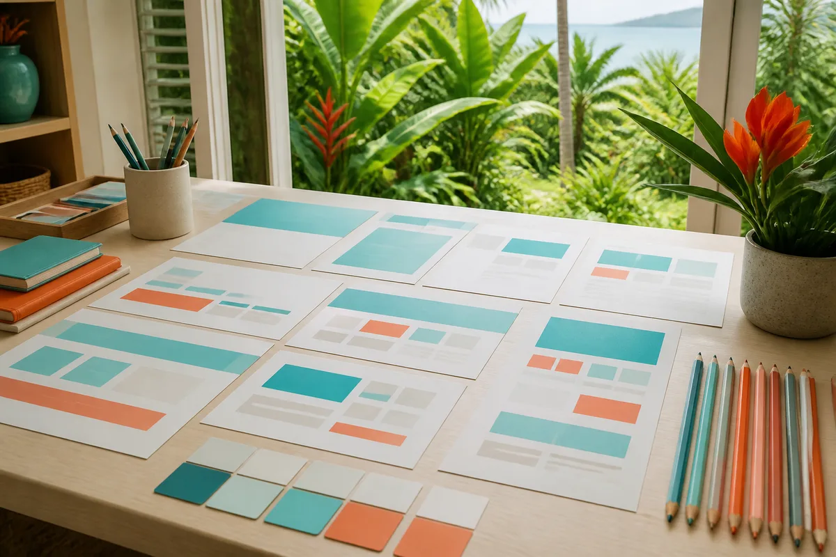 Maquette papier des pages d’un site vitrine étalée sur un bureau clair