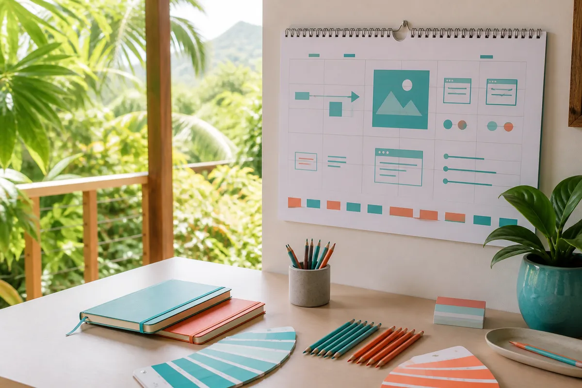 Calendrier mural annoté avec les étapes de production d’un site vitrine