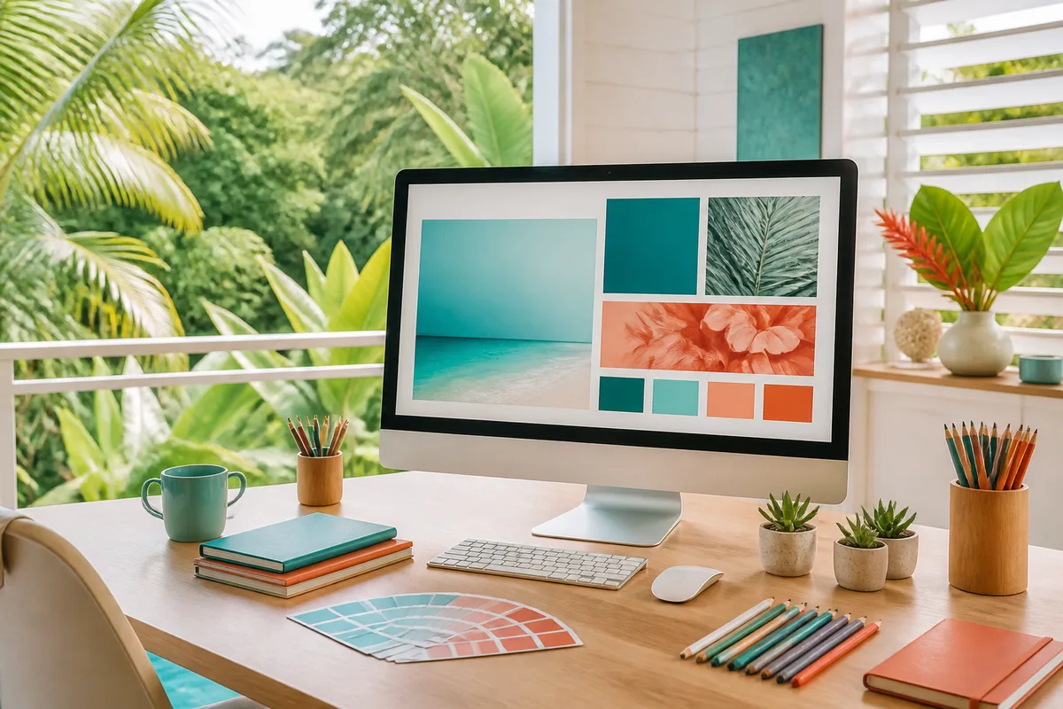 Poste de travail d’un webdesigner avec une maquette de page affichée sur grand écran